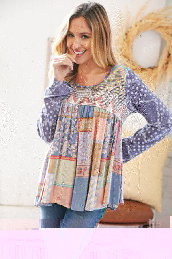 Lavender Hacci Chevron Patchwork Babydoll Top